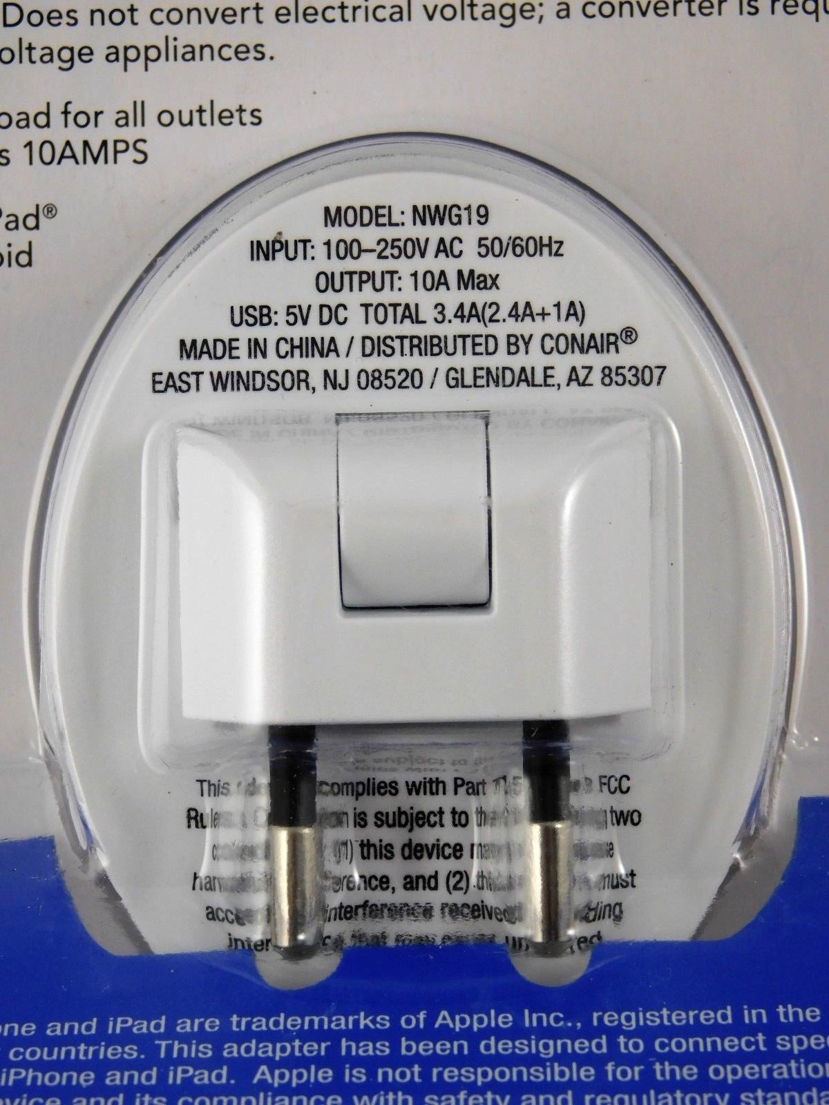 Conair Travel Smart Adapter Plug with 2 USB Ports - Europe Africa & Middle East