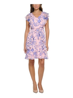 TOMMY HILFIGER Womens Pink Tie-belt Hem Lined Flutter Sleeve Dress Petites 8P