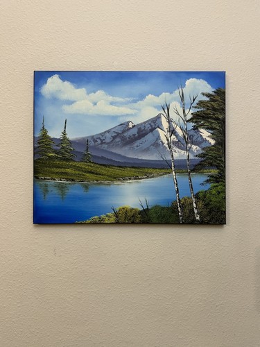 Bob Ross style Mountain landscape oil painting “Lake At The