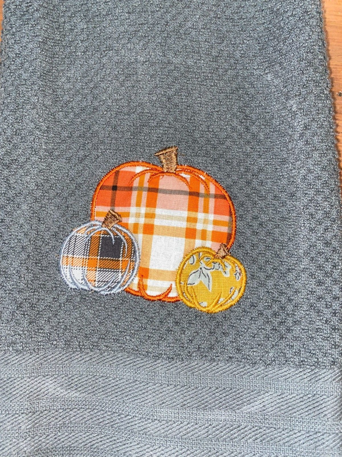 Embroidered Appliqued  Gray Kitchen  Hand Towel  3 Pumpkins Thanksgiving Fall