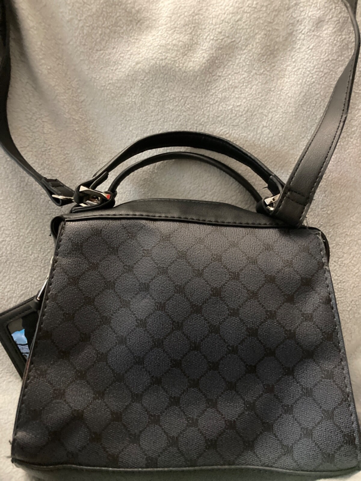 Steve Madden purse handbag strap black plaid Dark blue license attached wallet