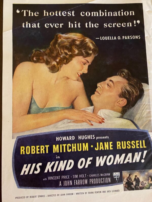 His Kind of Woman, Jane Russell, Robert Mitchum Full Page Vintage Promotional Ad