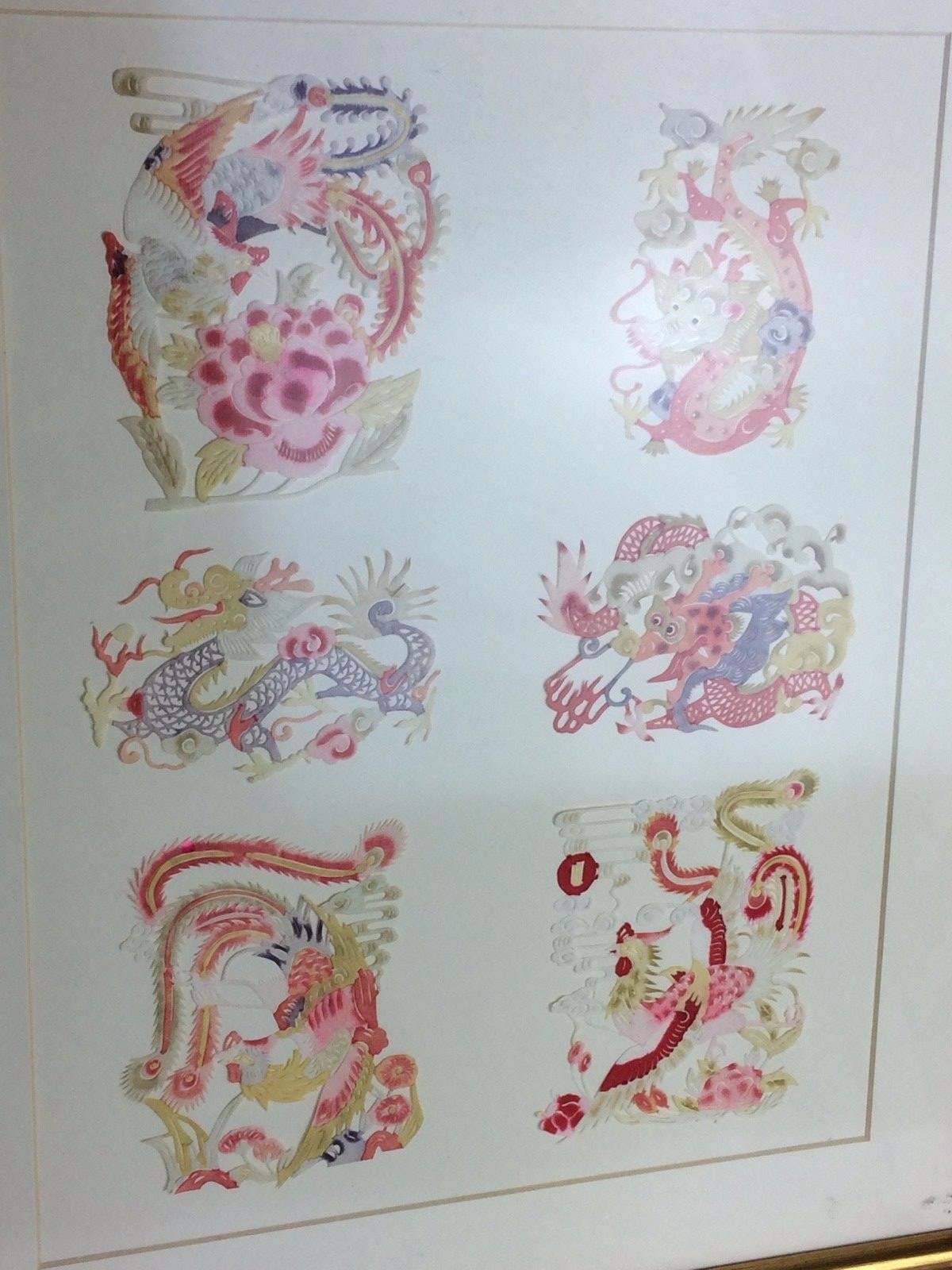 Chinese Paper Cut Out Dragon & Fish art Gold Framed Wall Hangings