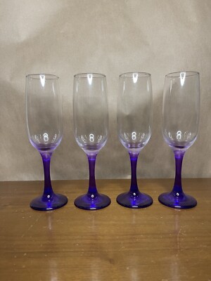 Set Of Four Purple Stem Epũre Glass Champagne Flutes 