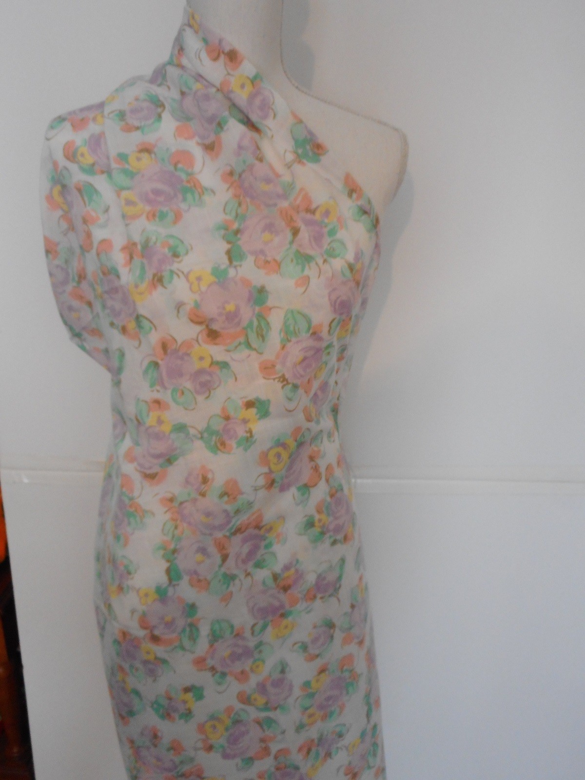 Vintage Fabric Cotton or Cotton blend Linen Flowers Pink Purple Green