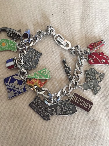Vintage Silver Monet Charm Bracelet - 15 Charms - U.S. States Road Trip.