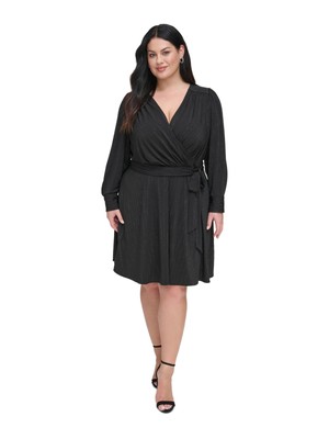 DKNY Womens Black Tie-belt Long Sleeve Knee Length Faux Wrap Dress Plus 20W