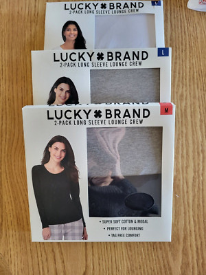 Womens Lucky Brand 2 pk L/S  Lounge Crewneck Tops Black/Grey White/Blue M L