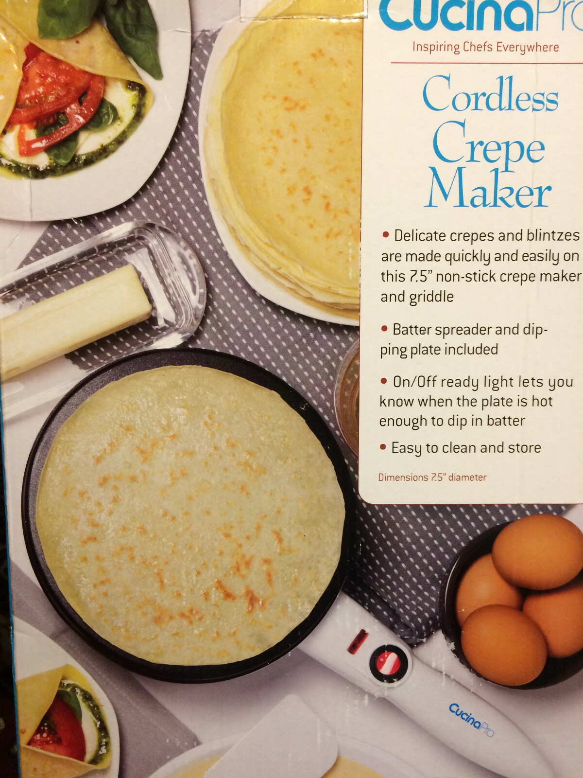 CucinaPro Cordless Crepe Maker (1447) - FREE Recipe Guide, Non-Stick Dipping Pla