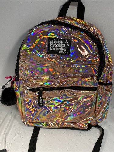 Justice Girls 17" Backpack, Pink Rose Gold Iridescent with T