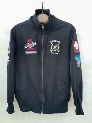 Hackett London Sweater Men's Large Black Zip up Sweatshirt Embroidered badges