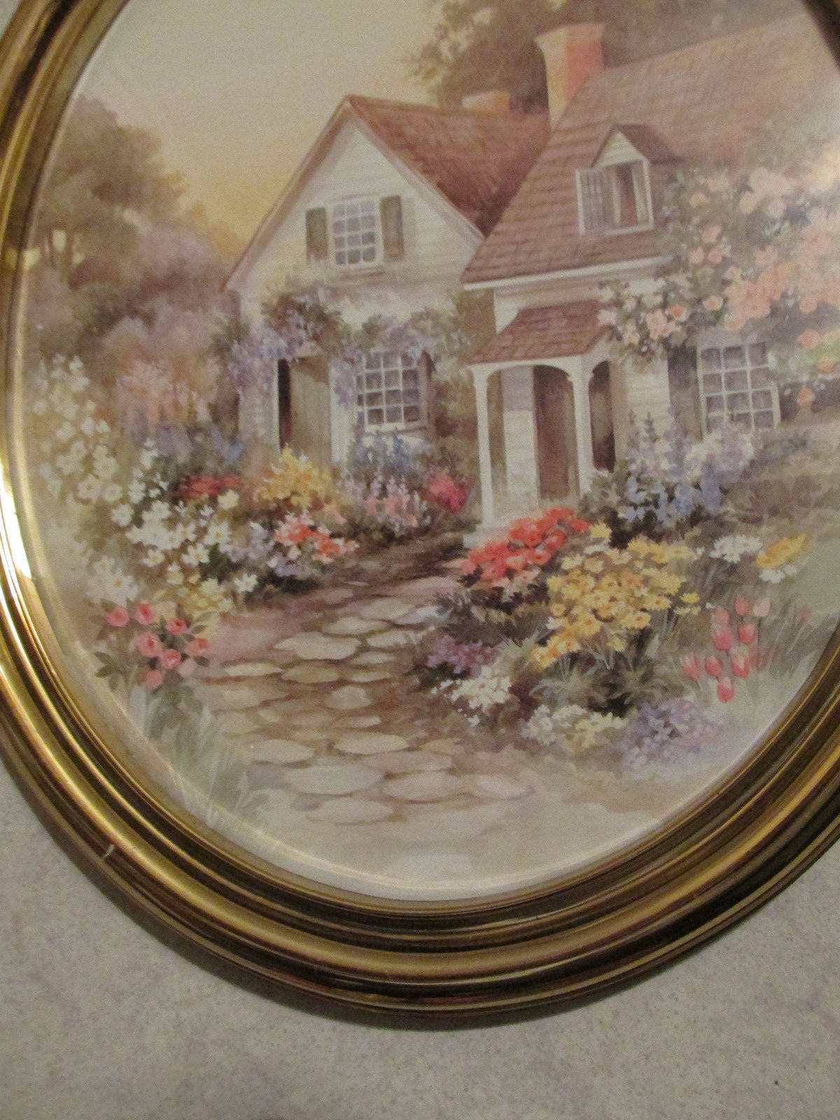 Vintage Home Interiors Oval Wall Picture Cottage & Flowers