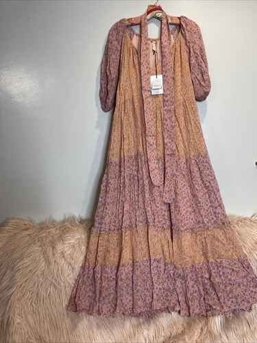 Pre-owned Free People X Spell & The Gypsy Collective Free People Spell Rae Gown Puff Sleeve Printed Tiered Maxi Dress M In Pink