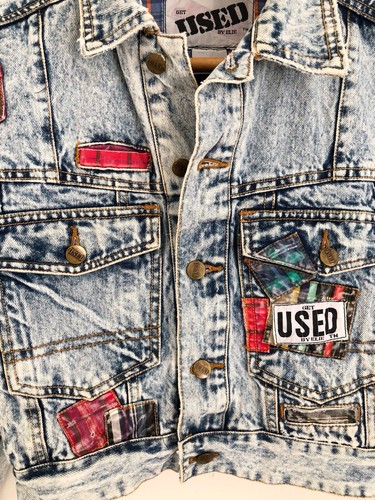Vtg GET USED BY ELIE Mens Acid-Washed Denim Jean Jacket Sz S Button Up Patches