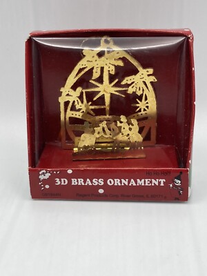 Vintage 3D Brass Bethlehem Nativity Scene Christmas Ornament, By Regent Products