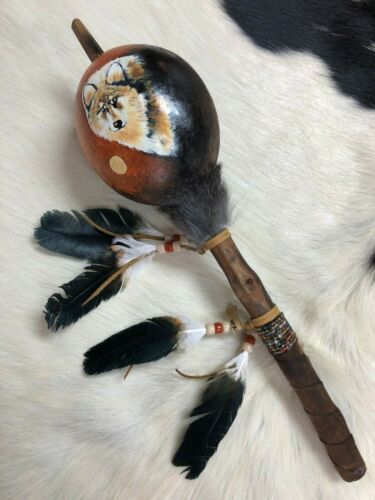 HAND PAINTED DANCE RATTLE , NATURAL GOURD CEREMONIAL ,SANTA FE STYLE , WILD WOLF