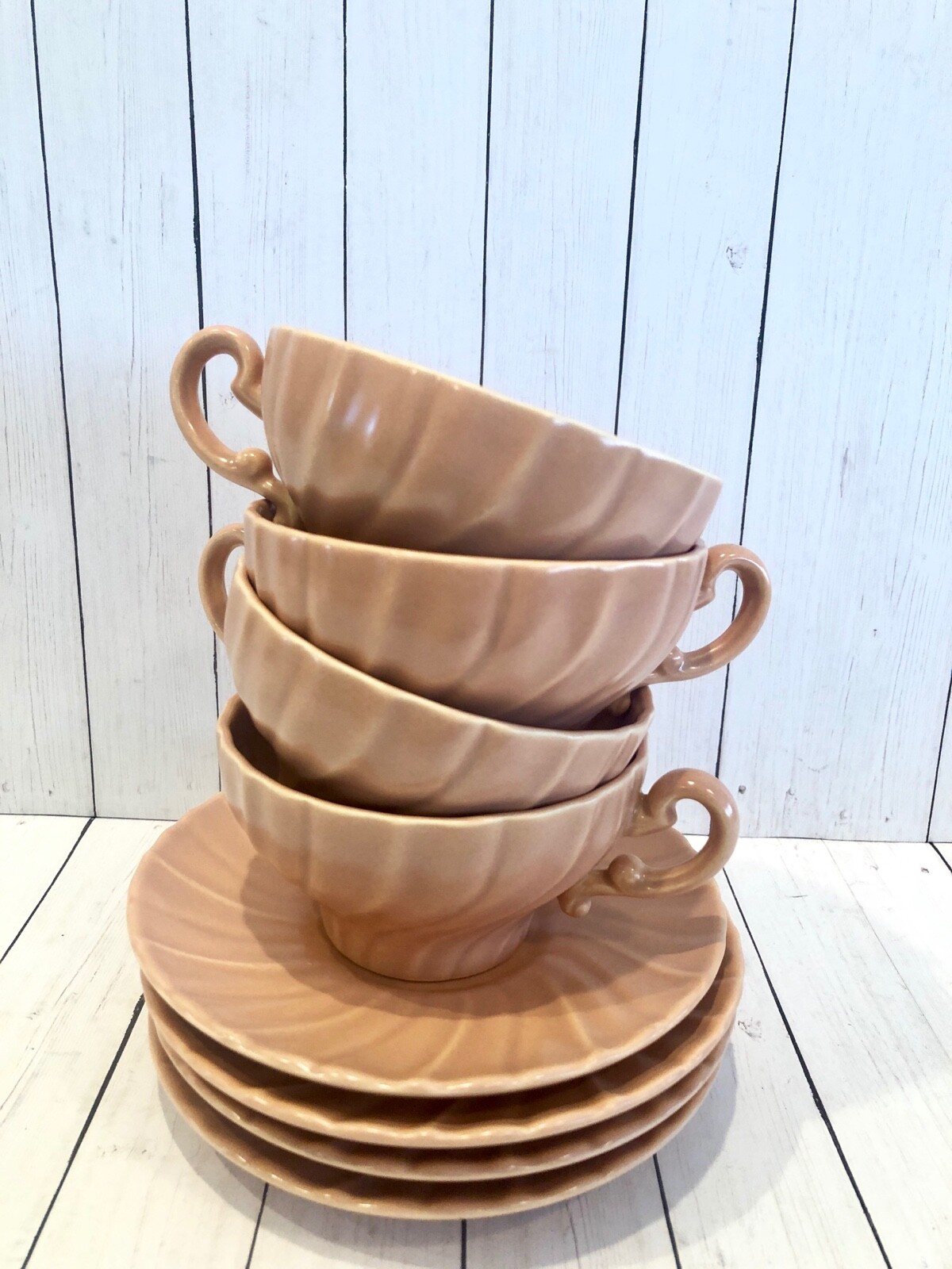 FRANCISCAN POTTERY CORONADO CORAL PINK 4 CUP SAUCER SETS Matte