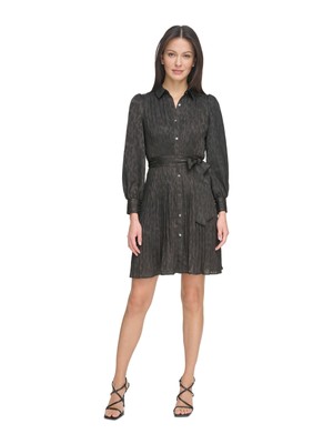 DKNY Womens Black Belted Button Down Cuffed Sleeve Short Cocktail Shirt Dress 2