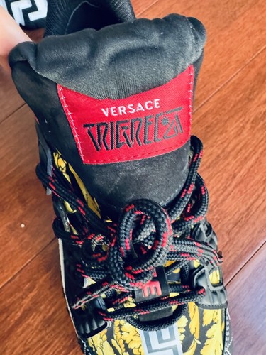 Pre-owned Versace Sold Don't Buy Trigreca Leather Sneakers Size Eu46 Us13 Barocco Print Blk In Black Barcode Yellow Multi Color