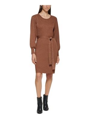 

CALVIN KLEIN Женское золотое вязаное платье-свитер с длинными рукавами и поясом выше колена, Золотой