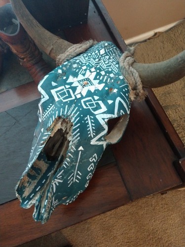 Aztec Hand Painted Skull cow longhorn Western rustic vintage decor hand crafted