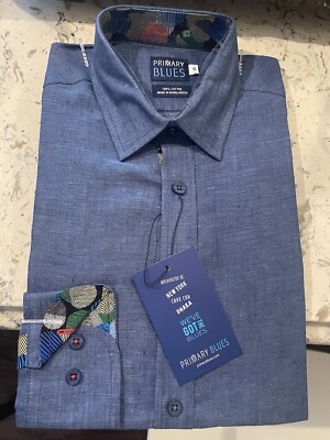 Primary Blues  Zobia  Men s Long Sleeve Collard Button Up Shirt  SLIM FIT SM NWT