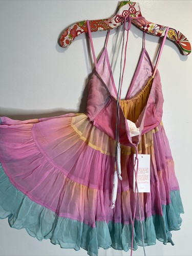 Pre-owned Rococo Sand Zale Tiered Cutouts Cover Up Pastel Ombre Babydoll Mini Dress M In Rainbow