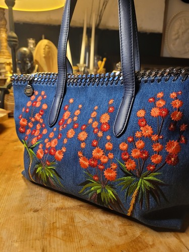 STELLA MCCARTNEY FALABELLA DESERT EMBROIDERED FLOWERS DENIM
