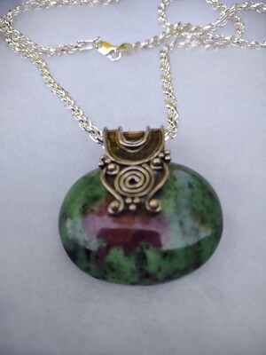 HUGE Ruby Zoisite 24'' Pendant Chain Necklace 925 Sterling Silver 63.9 gm
