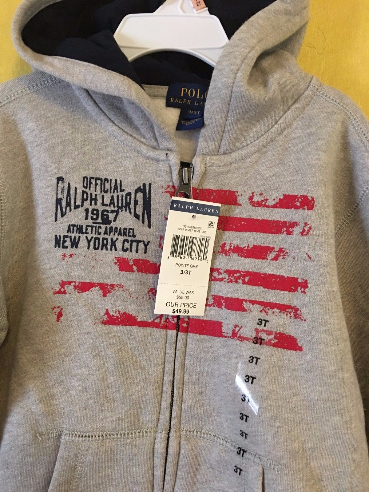 NEW POLO Ralph Lauren Boy's Hoodie Sweatshirt Fleece Jacket 3 Grey american Flag