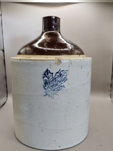 Vintage Western Stoneware Co. Maple Leaf Moonshine Jug 1 gallon Blue Stamp