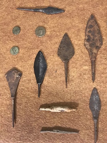 Medieval Spearheads, Arrowheads, And Coins Collection. 100-400 AD