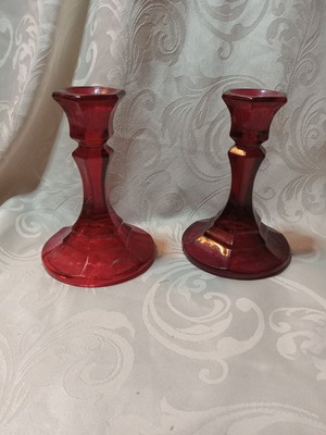 2 Indiana Glass Ruby Red 4 1/2 Candlesticks EXC!!