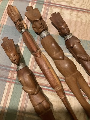 RARE Vintage Set of 4 Unusual  AFRICAN HAND CARVED  WOODEN UTENSILS, Gorgeous,