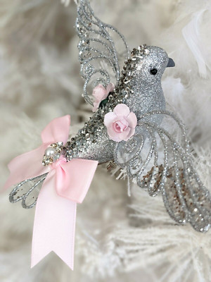 Shabby Cottage Chic Pink Roses Bow Silver Glitter Bird Christmas Tree Ornament
