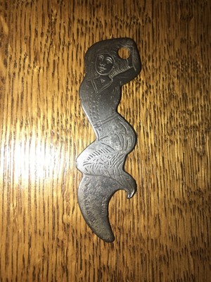 VINTAGE ADVERTISING IDEAL MALT SYRUP FIGURAL LADY in DRESS METAL BOTTLE OPENER