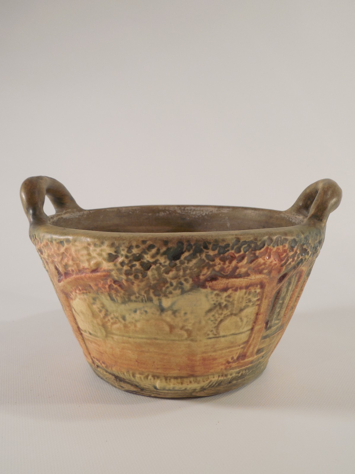 Vintage Unmarked Weller Pottery Forest Pattern Handled Basket Bucket Planter