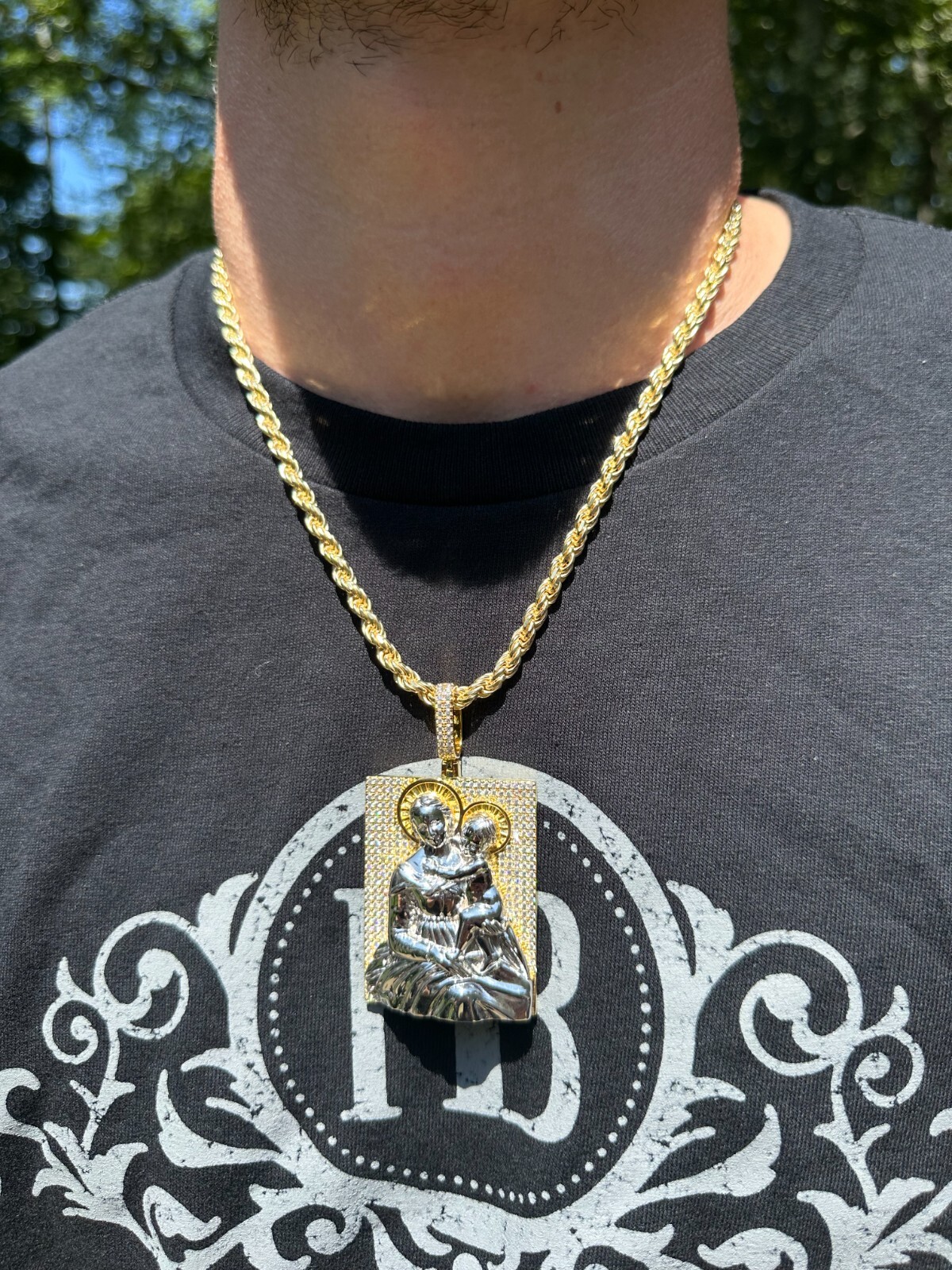 Pre-owned Harlembling Moissanite Virgin Mary Pendant Real 925 Silver Necklace Large 2.5" Ice Out Piece In White