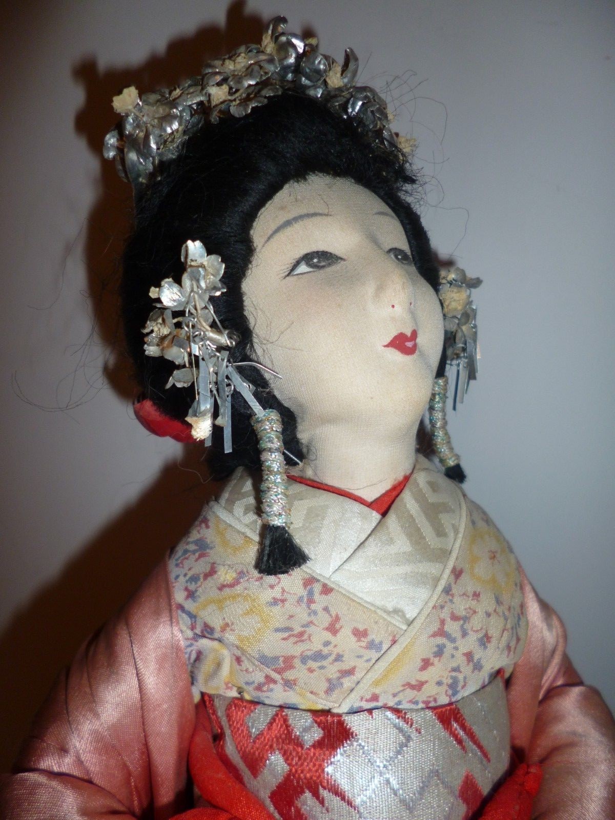 VERY OLD JAPANESE PRINCESS DOLL CLOTH DOLL LAVISH SATIN ROBE HAIR FLOWERS