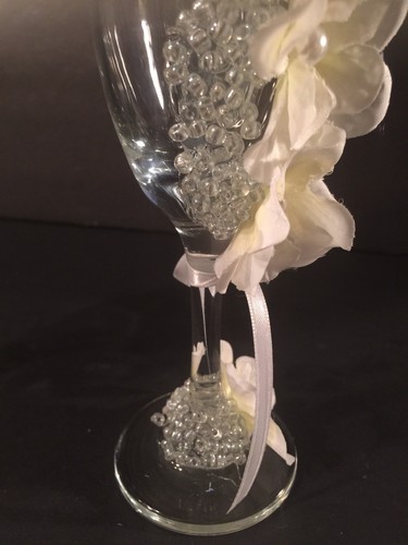 Floral Off White Wedding Party Reception Champagne Toasting Glasses Bride &Groom