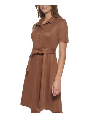 

TOMMY HILFIGER Женское коричневое платье-рубашка длиной до колена с завязками и короткими рукавами, Коричневый