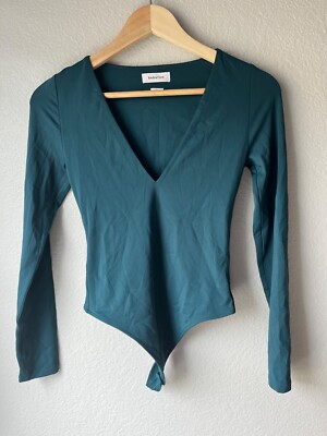 Aritzia Babaton Bodysuit Deep V Monarch Teal Long Sleeve Size Small