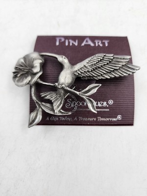 Pin Art Spoontiques Brooch 3825 Pewter Hummingbird  Flower Silver Tone 3'' L