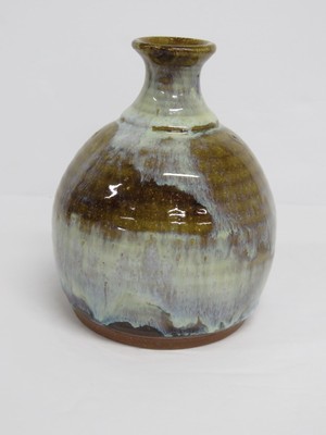 Steve Ashley Hand Thrown Art Pottery Vase Brown with Cream Blue Drip Glaze Vtg