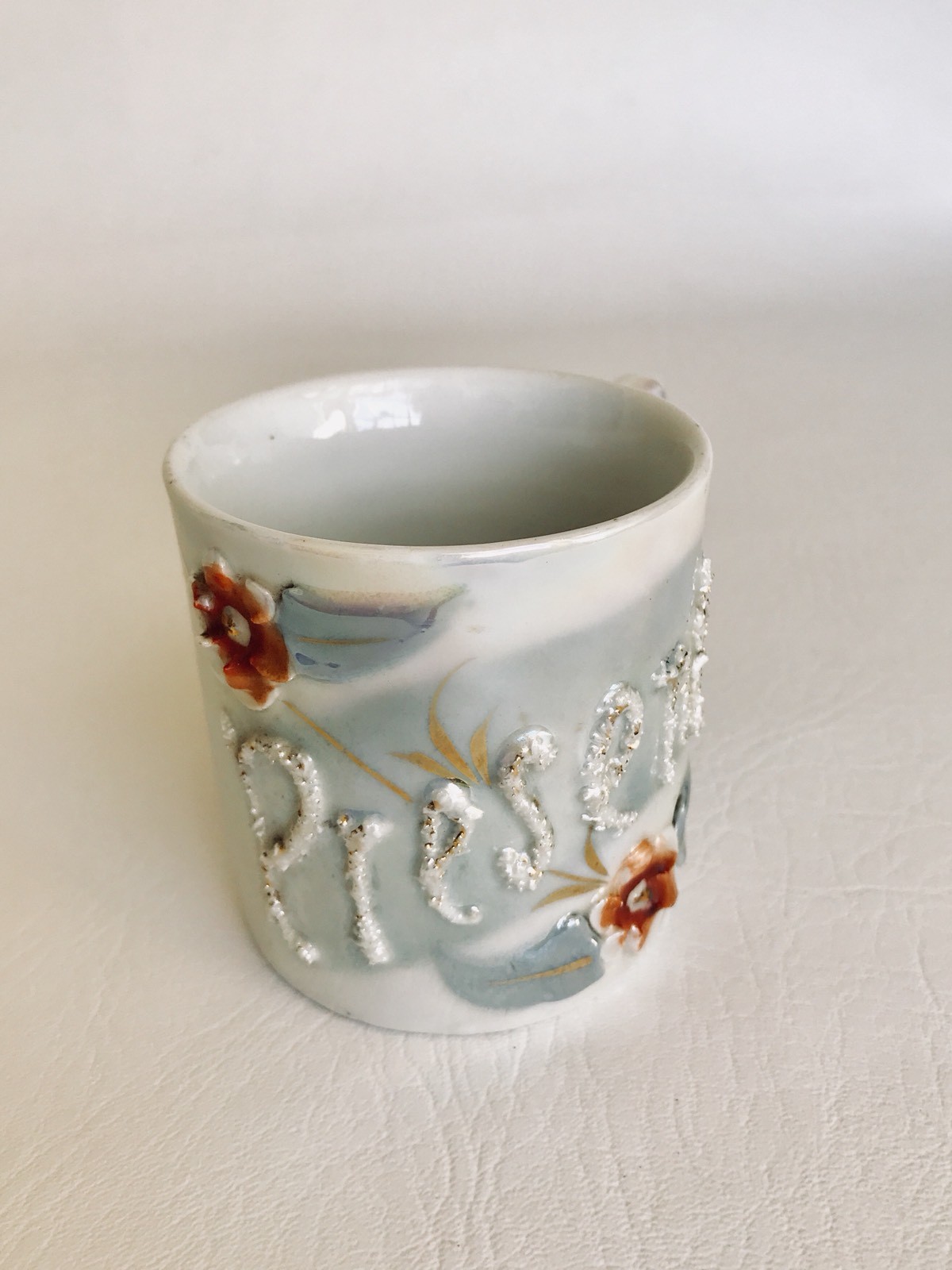 Antique Pretty Cup Mug Luster Porcelain Floral Raised Texture “Present” Germany