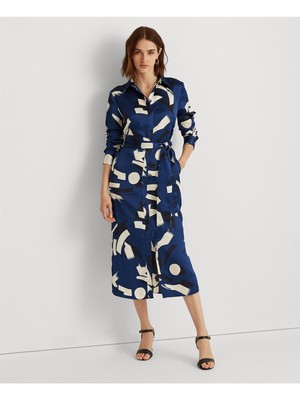 

LAUREN RALPH LAUREN Женское темно-синее платье миди с длинным рукавом и воротником на работу, Navy