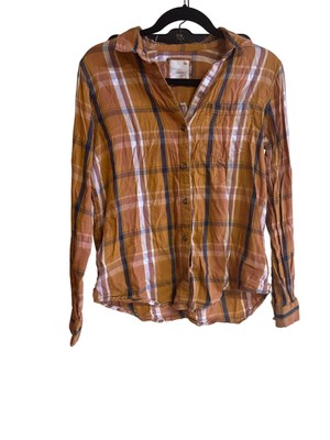 Plaid Button-Up Shirt M So Orange/Blue Cotton & Modal