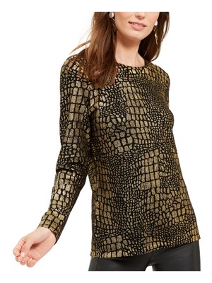 

INC Женский вечерний топ с длинными рукавами и круглым вырезом с золотым принтом, Золотой
