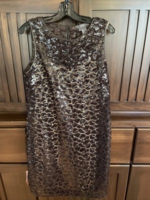 Carlisle Per Se Espresso Brown Sequin Lace Sheath Dress Gold Silk Slip NWOT 12