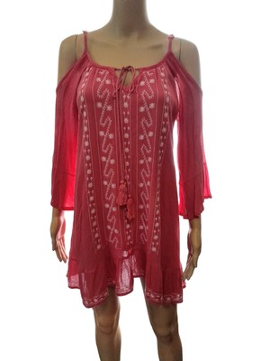 Exist Tunic Blouse Cut Out Shoulders Coral Bohemian Top Women's Size Small NEW